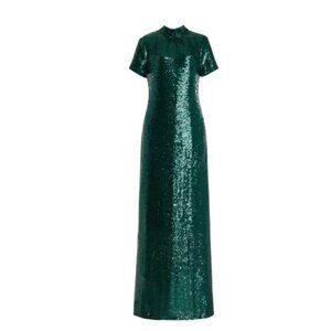 NWT STAUD Llana Sequins Maxi Dress Gown Womens XS Green Mock Neck Tie Back NEW